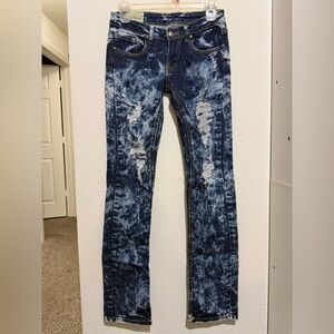 Machine Distressed Dark Blue Skinny Jeans
